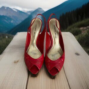Antonio Melani‎ Red Patent Leather Peep Toe Retro Button Sling Back Heels 9.5M